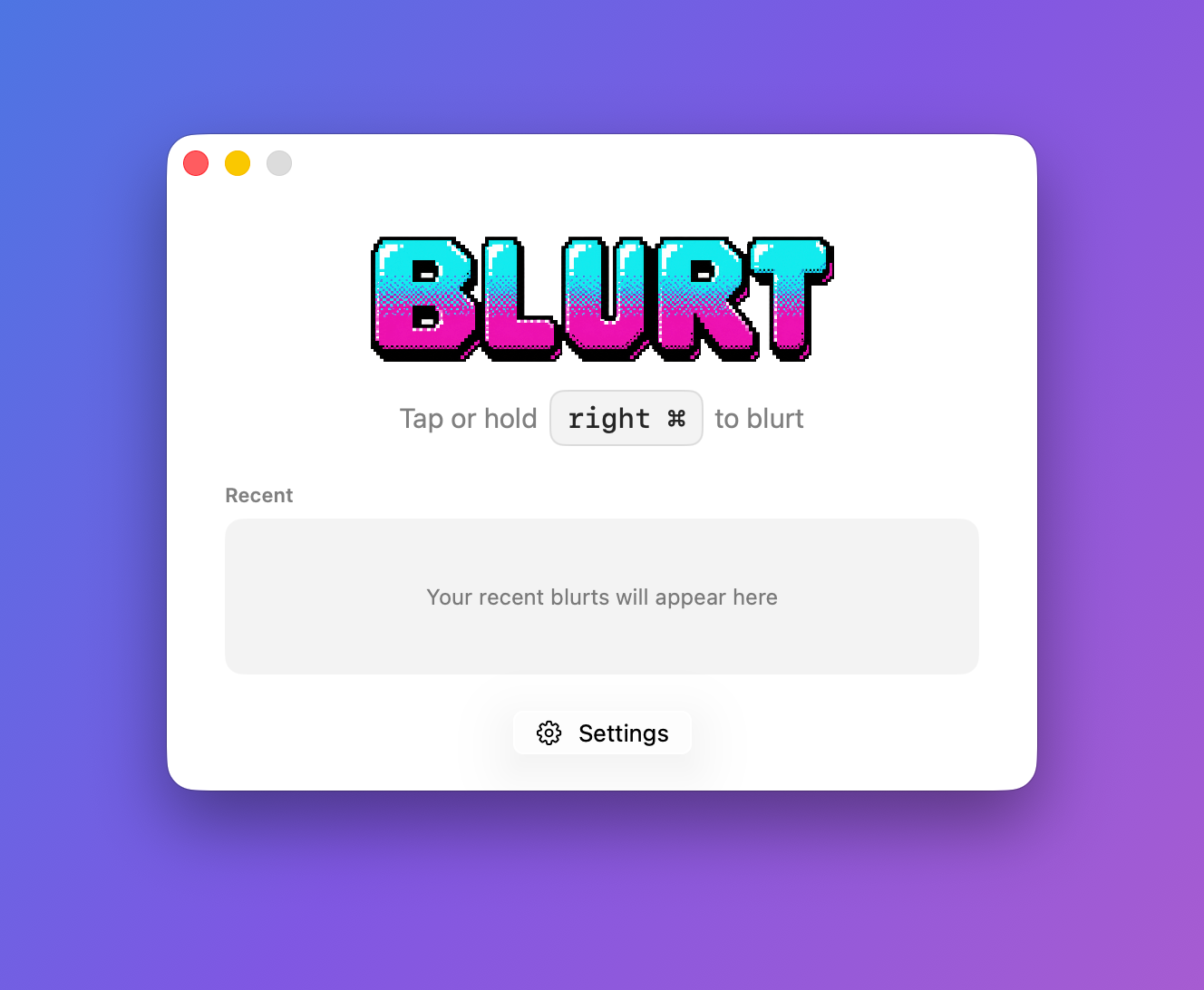 Blurt's ready screen: tap or hold the hotkey, speak, and transcribed text is pasted into the focused app